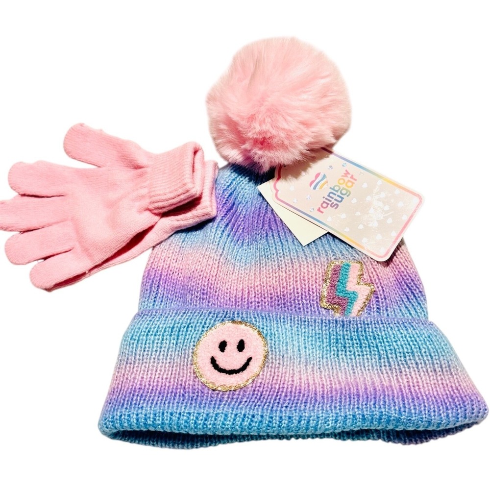 Rainbow Sugar Big Girls Hat with Patches and Gloves, 2 Piece
